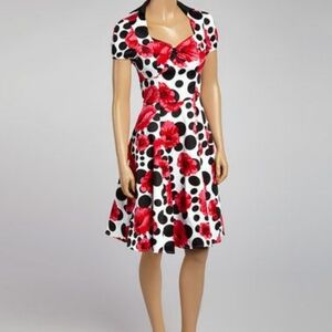 H&R London red floral black polka dot collar sweetheart neckline pinup dress